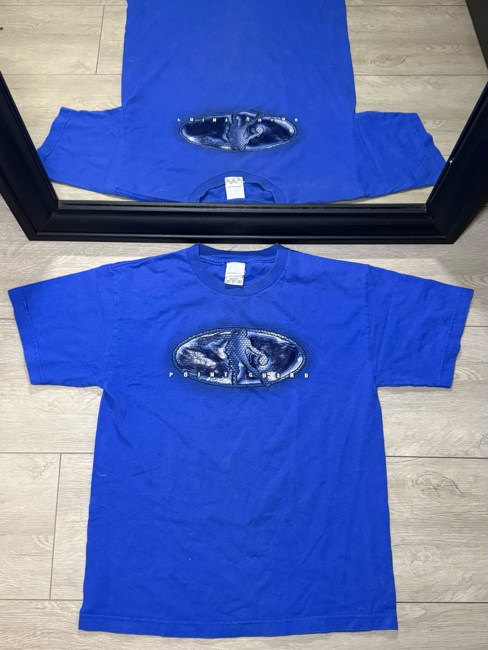 Y2K 2000s Blue Point Guard Basketball 3D Outline SpellOut Shirt